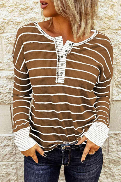 Striped Waffle Knit Henley Long Sleeve Top - SHANKARA CHÉRIE