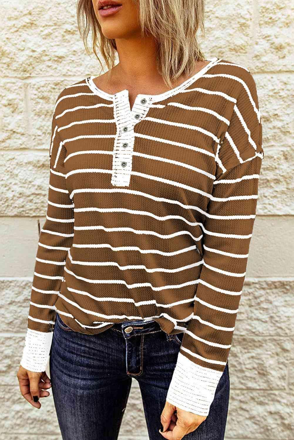 Striped Waffle Knit Henley Long Sleeve Top - SHANKARA CHÉRIE