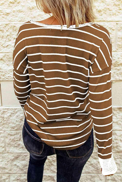 Striped Waffle Knit Henley Long Sleeve Top - SHANKARA CHÉRIE