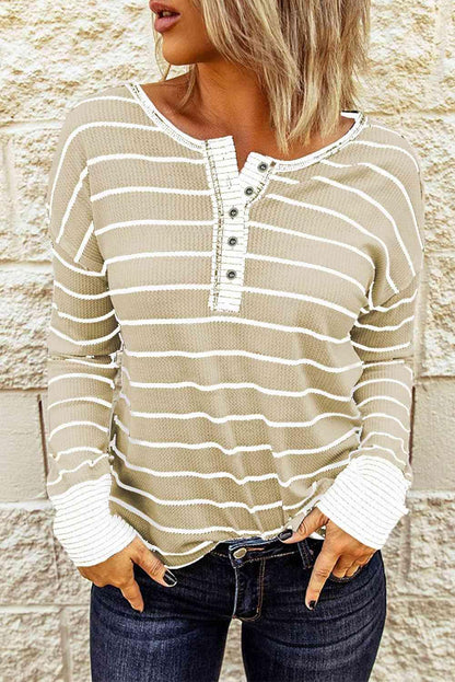 Striped Waffle Knit Henley Long Sleeve Top - SHANKARA CHÉRIE