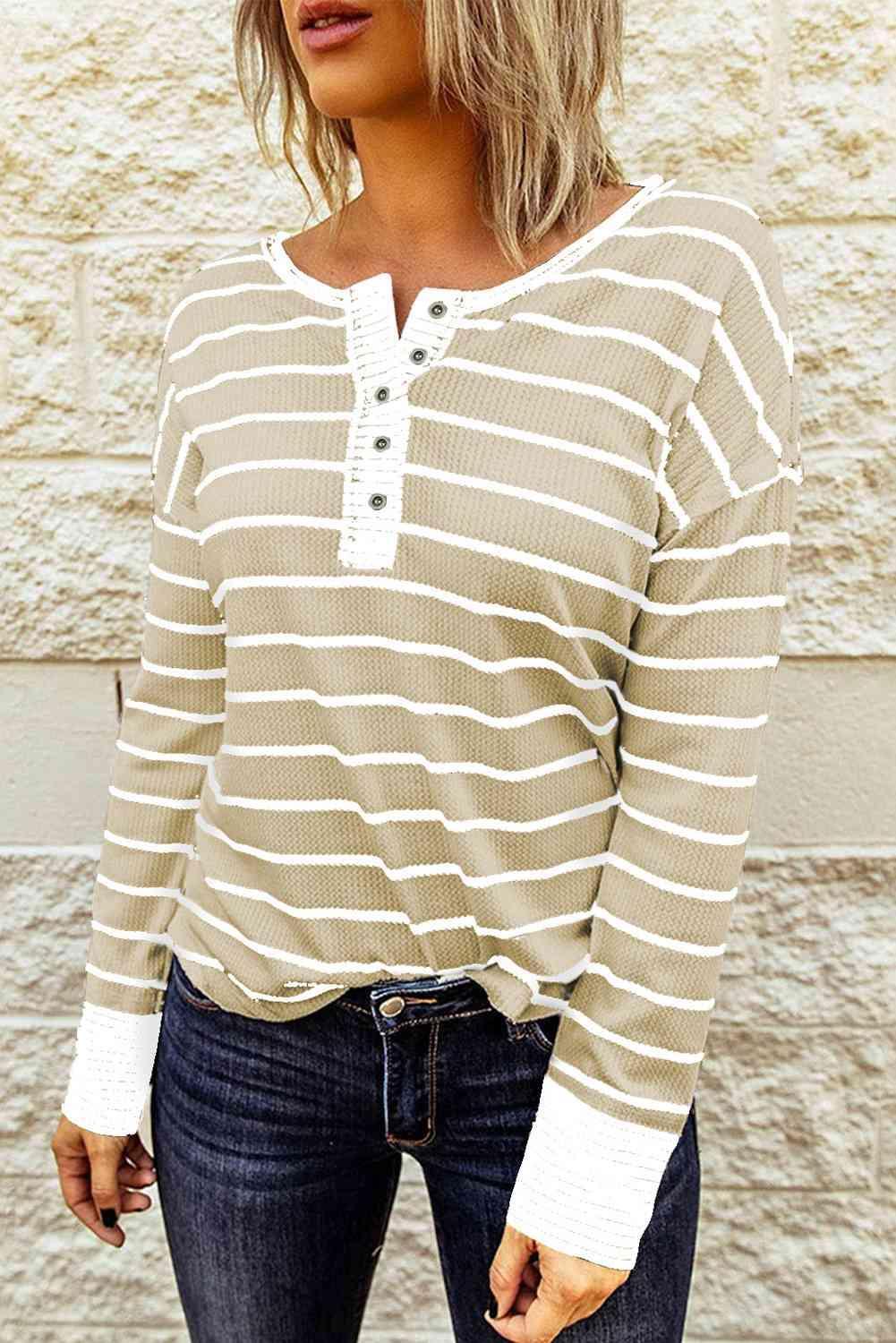 Striped Waffle Knit Henley Long Sleeve Top - SHANKARA CHÉRIE