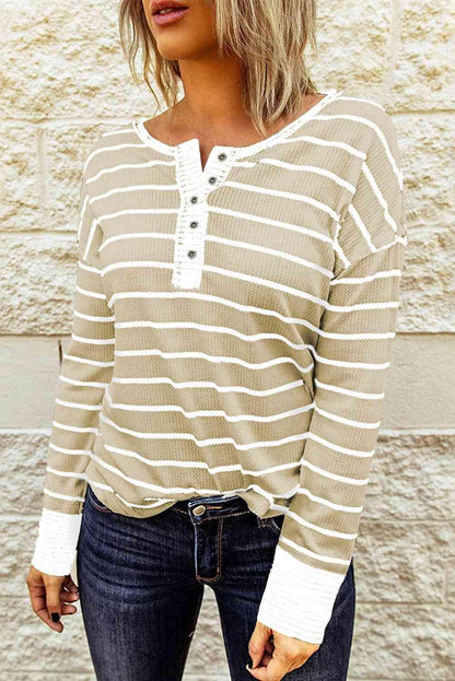 Striped Waffle Knit Henley Long Sleeve Top - SHANKARA CHÉRIE