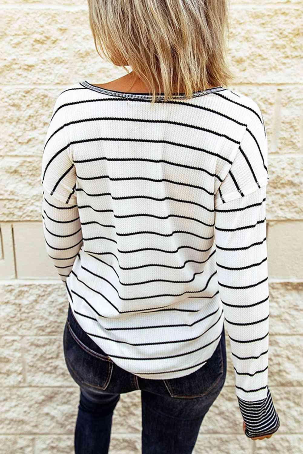 Striped Waffle Knit Henley Long Sleeve Top - SHANKARA CHÉRIE