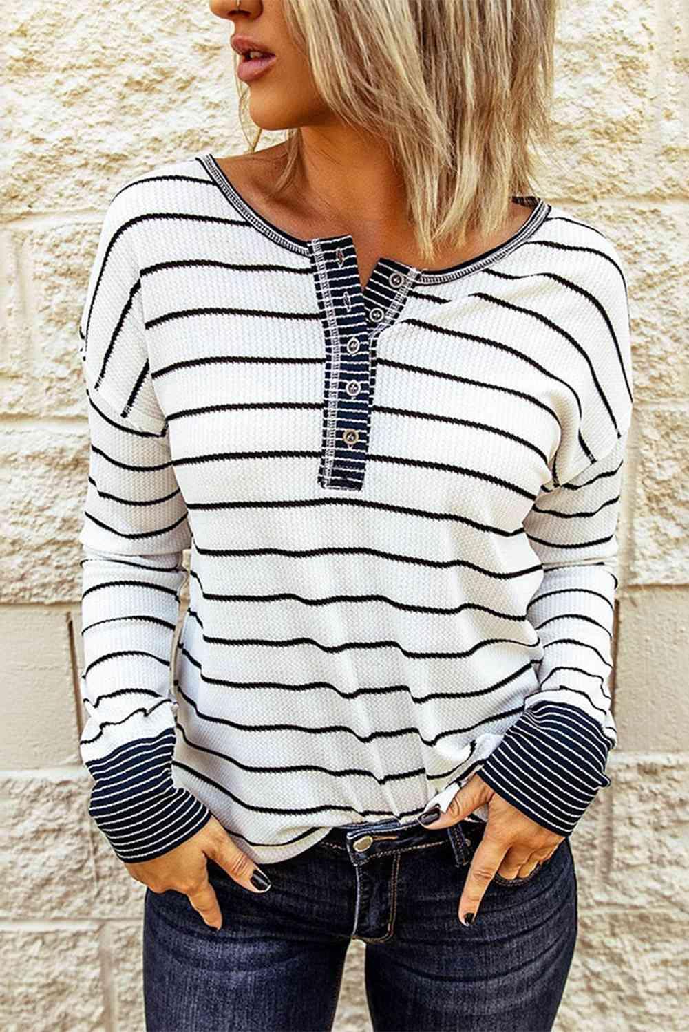 Striped Waffle Knit Henley Long Sleeve Top - SHANKARA CHÉRIE