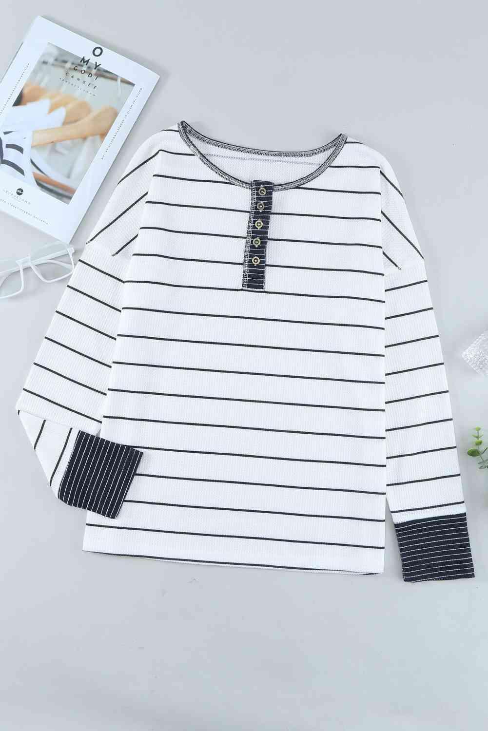 Striped Waffle Knit Henley Long Sleeve Top - SHANKARA CHÉRIE