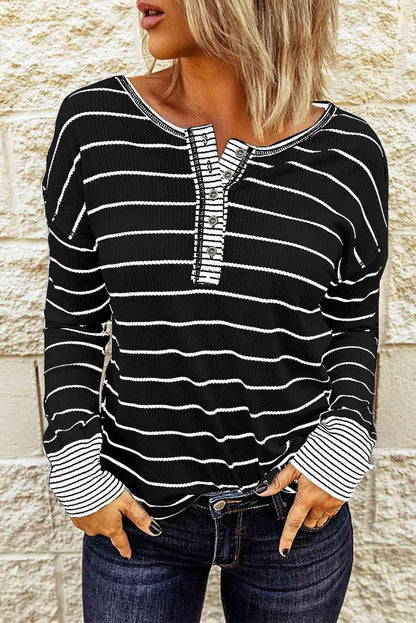 Striped Waffle Knit Henley Long Sleeve Top - SHANKARA CHÉRIE