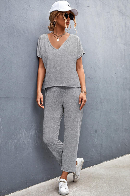 V-Neck Short Sleeve T-Shirt and Drawstring Waist Pants Set - SHANKARA CHÉRIE