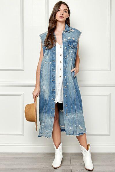 Veveret Full Size Distressed Sleeveless Longline Denim Jacket - SHANKARA CHÉRIE