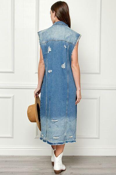 Veveret Full Size Distressed Sleeveless Longline Denim Jacket - SHANKARA CHÉRIE