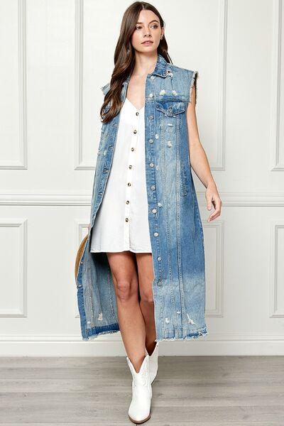 Veveret Full Size Distressed Sleeveless Longline Denim Jacket - SHANKARA CHÉRIE