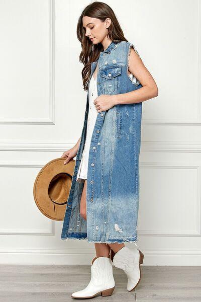 Veveret Full Size Distressed Sleeveless Longline Denim Jacket - SHANKARA CHÉRIE