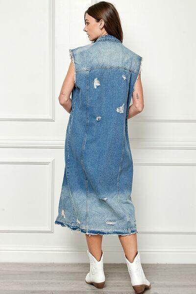 Veveret Full Size Distressed Sleeveless Longline Denim Jacket - SHANKARA CHÉRIE