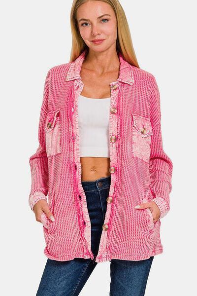 Waffle-Knit Button Up Dropped Shoulder Jacket Dusty Fuchsia Pink