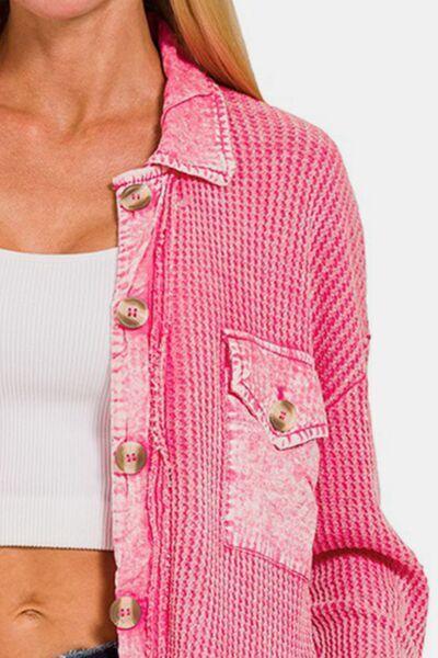 Waffle-Knit Button Up Dropped Shoulder Jacket Dusty Fuchsia Pink