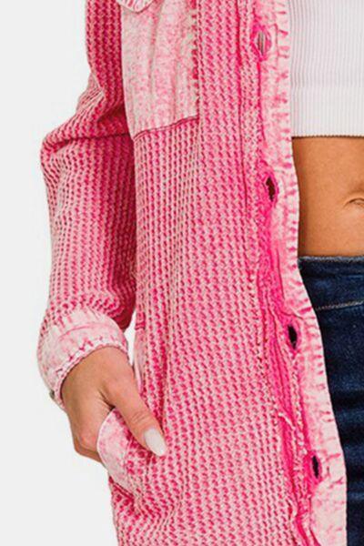 Waffle-Knit Button Up Dropped Shoulder Jacket Dusty Fuchsia Pink