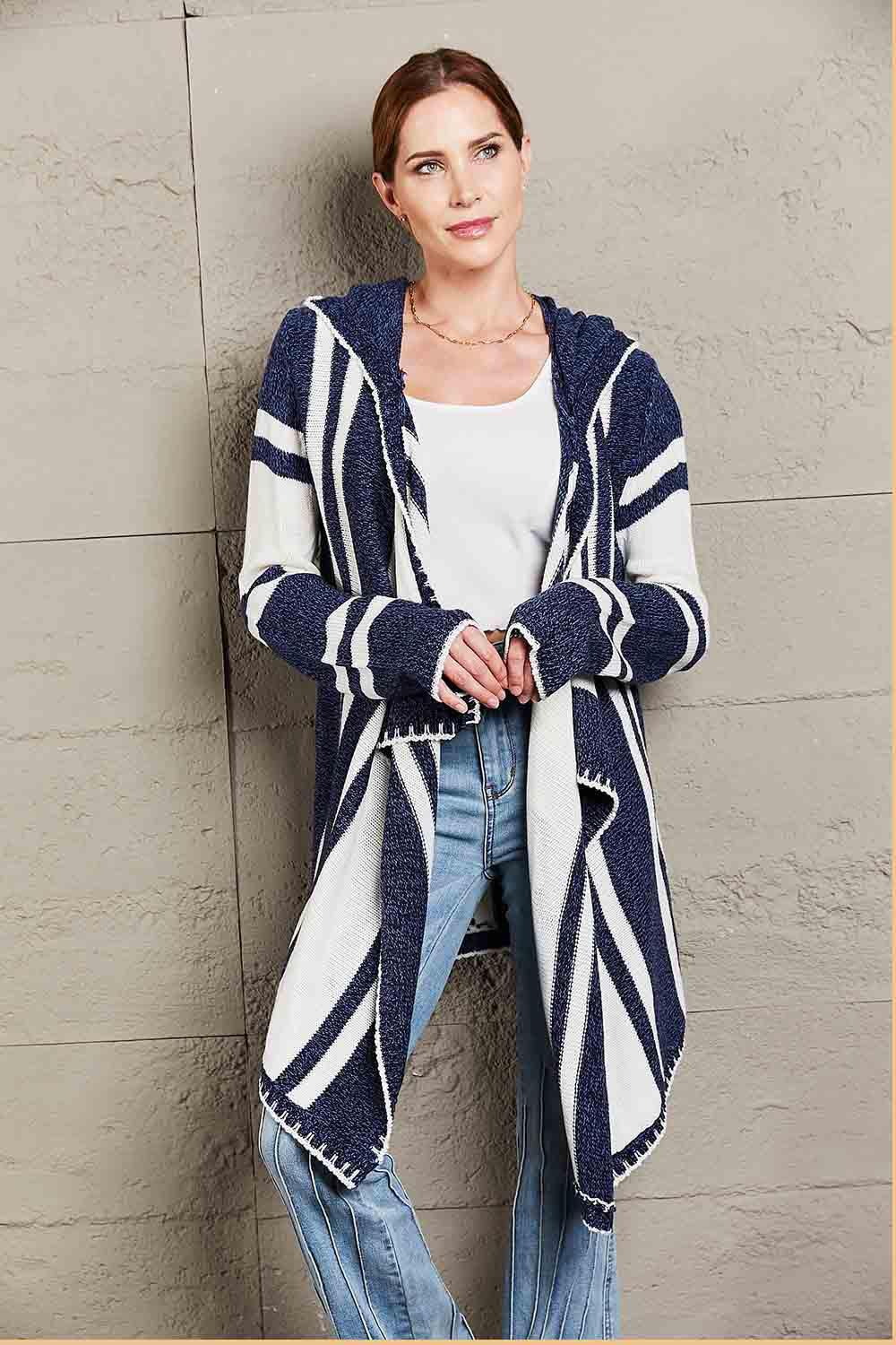 Woven Right Striped Open Front Hooded Cardigan - SHANKARA CHÉRIE