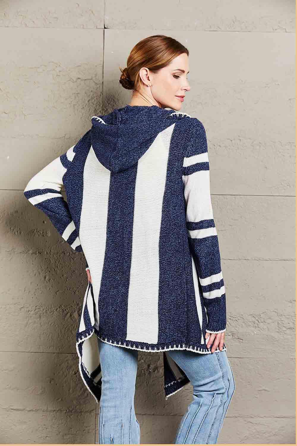 Woven Right Striped Open Front Hooded Cardigan - SHANKARA CHÉRIE