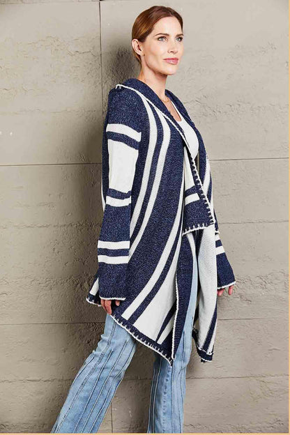 Woven Right Striped Open Front Hooded Cardigan - SHANKARA CHÉRIE