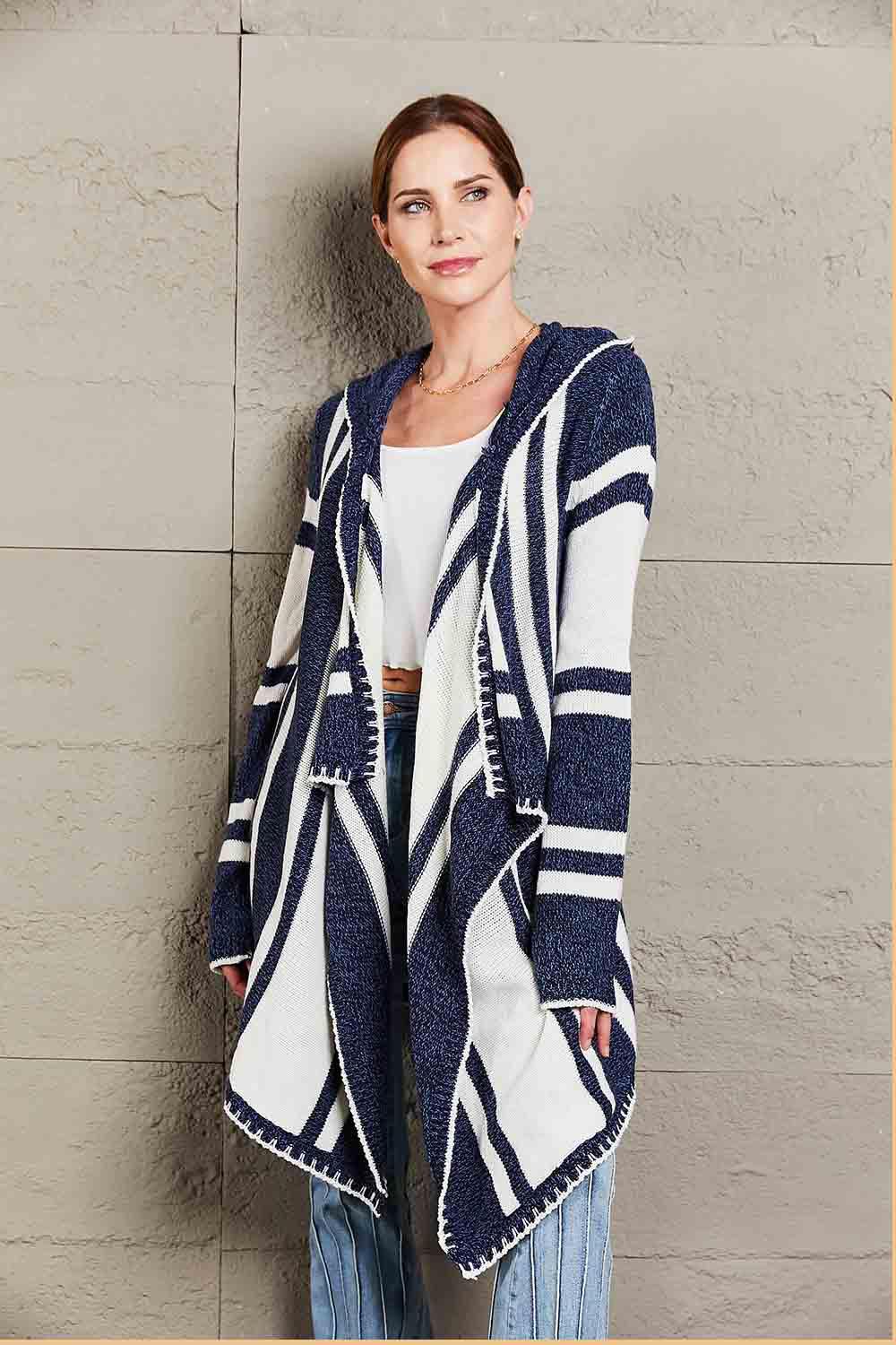 Woven Right Striped Open Front Hooded Cardigan - SHANKARA CHÉRIE