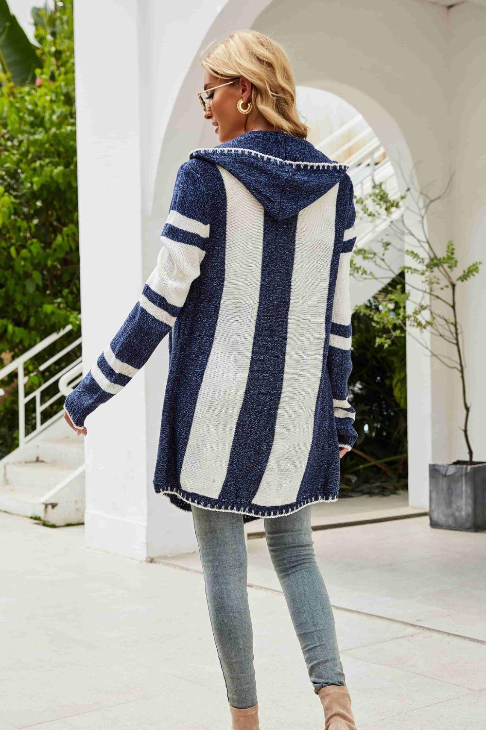 Woven Right Striped Open Front Hooded Cardigan - SHANKARA CHÉRIE