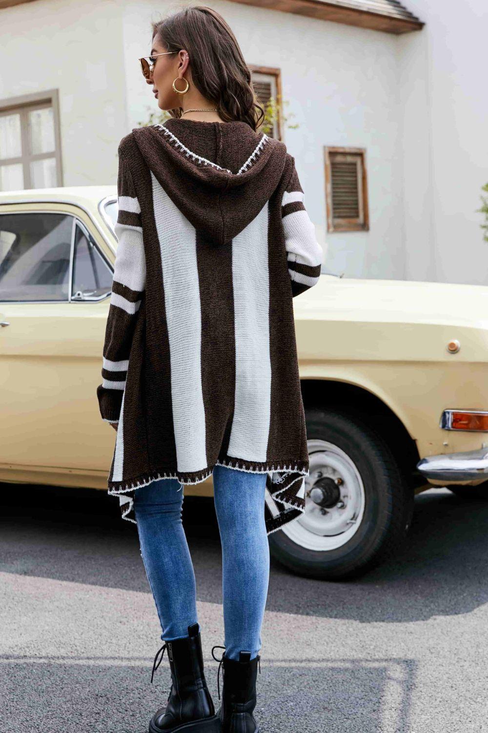 Woven Right Striped Open Front Hooded Cardigan - SHANKARA CHÉRIE